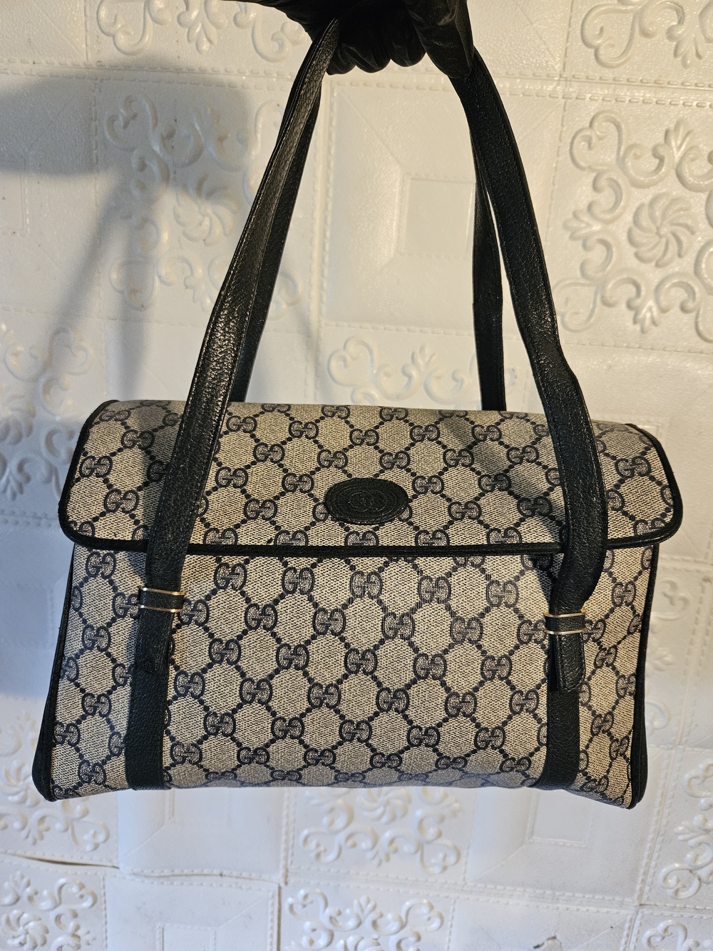 Gucci GG Supreme Ophidia Kelly Interlocking Navy Blue Handle Satchel Handbag